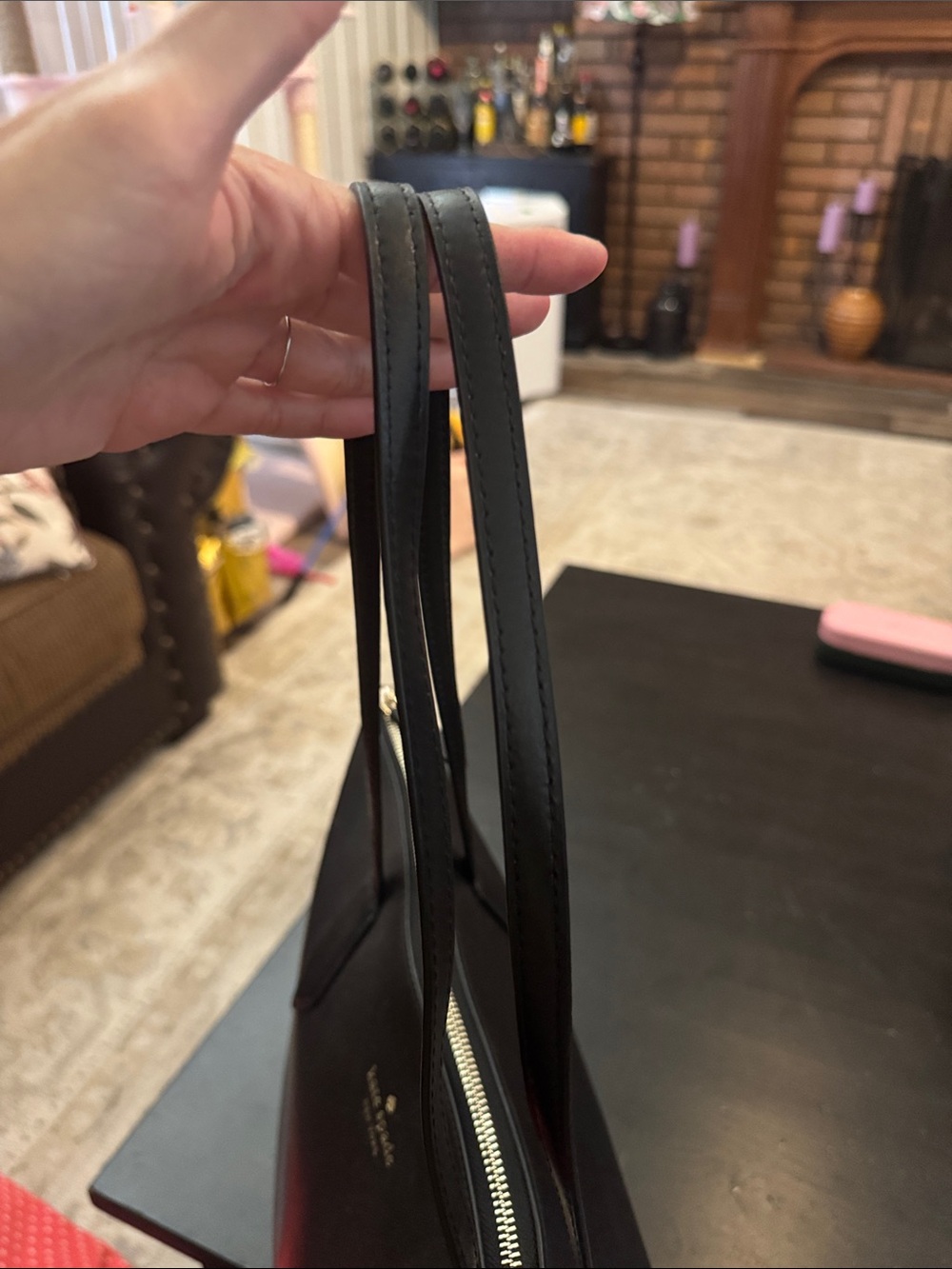 NWOT Kate Spade Black Leather Tote with Pink Strawberry Charm - Picture 2 of 4